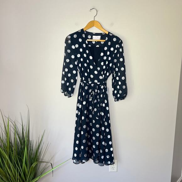Charles Henry BRAND NEW Navy Polka Dot Wrap‎ Dress Size Large Sheer Long Sleeves - Picture 1 of 9